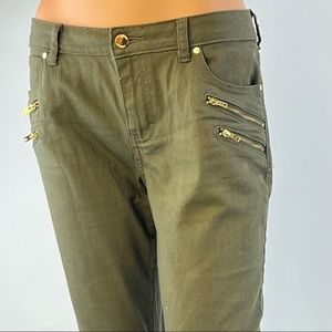 Jenifer Lopez, zipper military green jeans, size 10.
